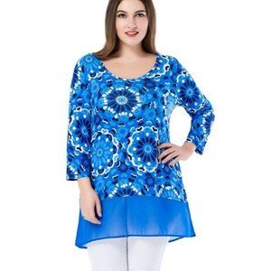 Chicwe Women's Plus Size 18 Blue White Floral Printed Tunic Top Chiffon Hem NWT